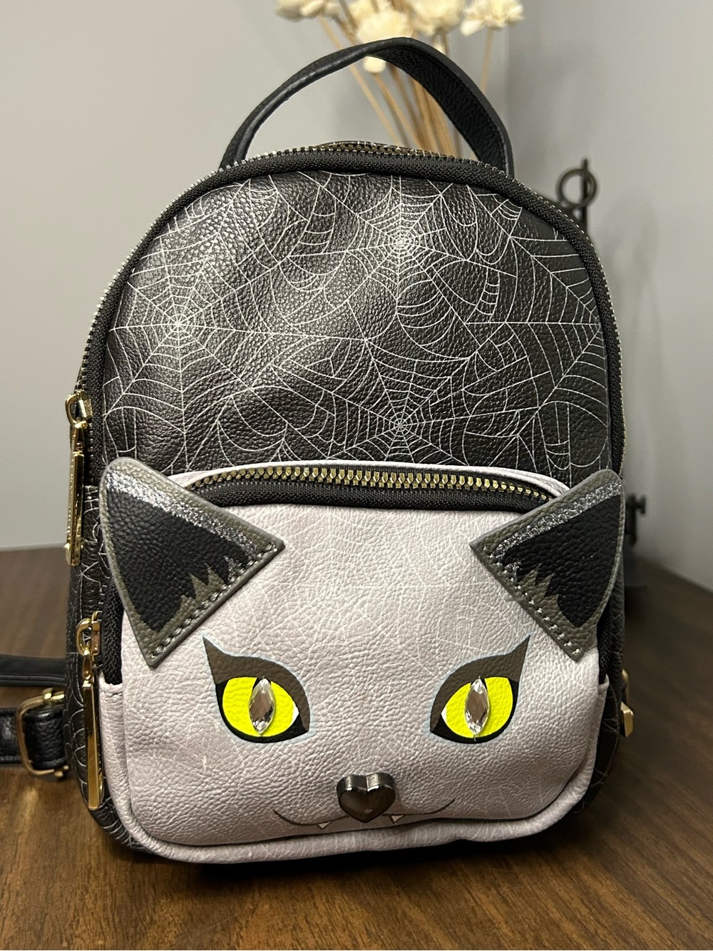 Betsey Johnson Black Gray Spiderweb Cat Vampire Mini Backpack Faux Leather